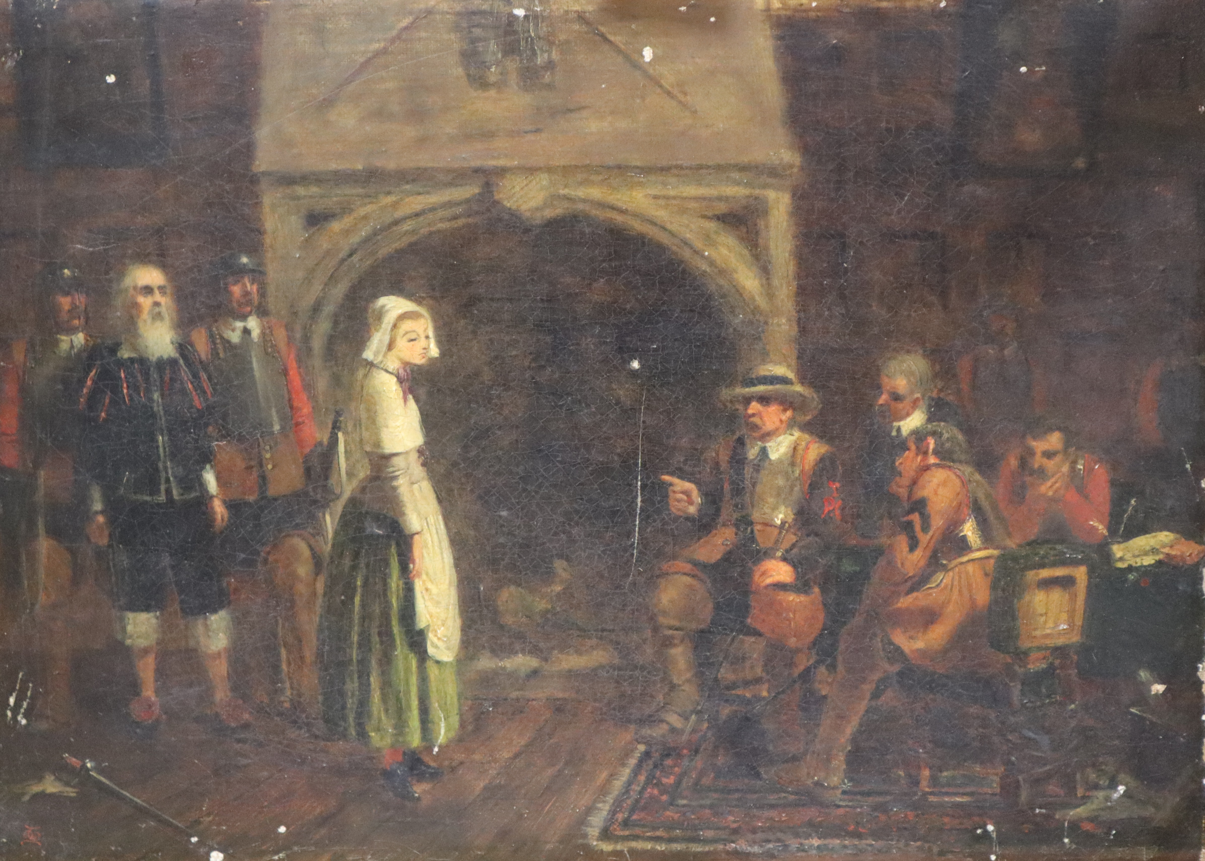 Victorian School, oil on canvas, 'Cromwell questioning Phoebe Mayflower', monogrammed TM, 26 x 36cm, unframed